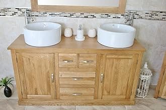 Wooden Bathroom Vanity Unit with 2 Ceramic Basins - Modern Bathroom Sink Cabinet with Drawers - Double Vanity Unit with Chromed Mixer Taps - Natural Oak - Straight Sided Bowl (603CB026X2)