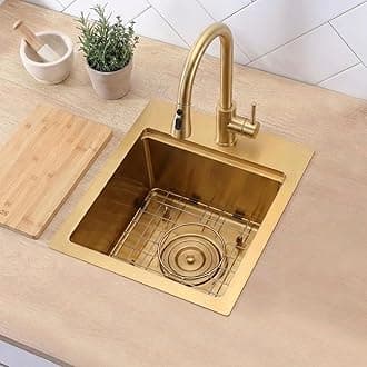 LQS Drop In Bar Sink, Gold Bar Sink Drop In 16” x 18” with Cutting Board, 16 Gauge Stainless Steel Golden Kitchen Sink, 10” Depth For Daily Use, Outdoor and Prep Use