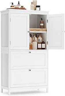 VASAGLE Floor Storage Cabinet, Freestanding Storage Unit with 2 Drawers and 2 Doors, Adjustable Shelf, 11.8 x 23.6 x 43.3 Inches, for Entryway, Bathroom, White UBBC551P31