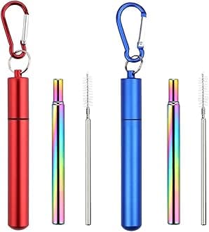2 Pack Collapsible Stainless Steel Drinking Straws, Metal Reusable Straws, Travel Retractable Straws with 2 Aluminum Case, 2 Cleaning Brush, and 2 Keychains, Cruise Ship Essentia(Red&Blue)