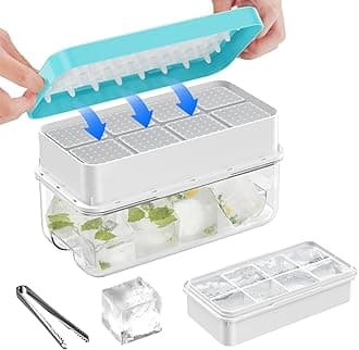 PHINOX Large Ice Cube Tray with Lid and Bin, Ice Trays for Freezer, 2 INCH Whiskey Ice Cubes Mold, 1*8 pcs Square Ice Cube Mold with Tong, Easy to Release, Large Ice Tray for Whiskey Cocktail Bourbon