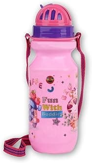 Panchhi Store Water Bottle for School Kids 650ml Plastic Water Bottle for Kids Boys & Girls with Straw Leakproof Bottle for School Picnic Cartoon Print - Pink