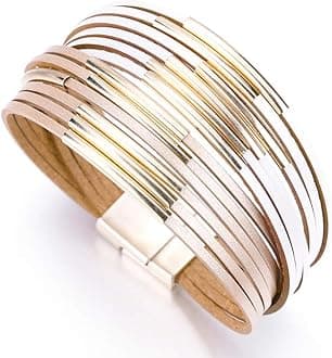 Women Multi-Layer Leather Wrap Bracelet Handmade Wristband Braided Rope Cuff Bangle with Magnetic Buckle Jewelry