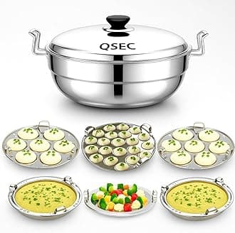 QSEC Stainless Steel Induction Base Multi-Utility Kadai Cooker Steamer | 6 Plate 2 Idli 1 Mini Idli 1 Dhokla 1 Patra Momo Steamer | 4 in 1