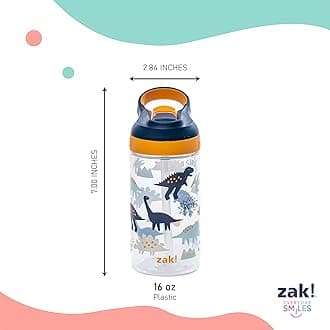 Zak Designs Atlantic Kids Water Bottle For School or Travel, 16oz Durable Plastic Water Bottle With Straw, Handle, and Leak-Proof, Pop-Up Spout Cover, 2-Pack (Zaksaurus and Safari)