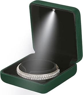 Classic Metal Glossy Jewelry Bracelet Gift Box with LED Light, Velvet Jewelry Pendant Necklace Storage Display Case for Proposal Engagement Wedding Anniversary Birthday Ceremony (Green)