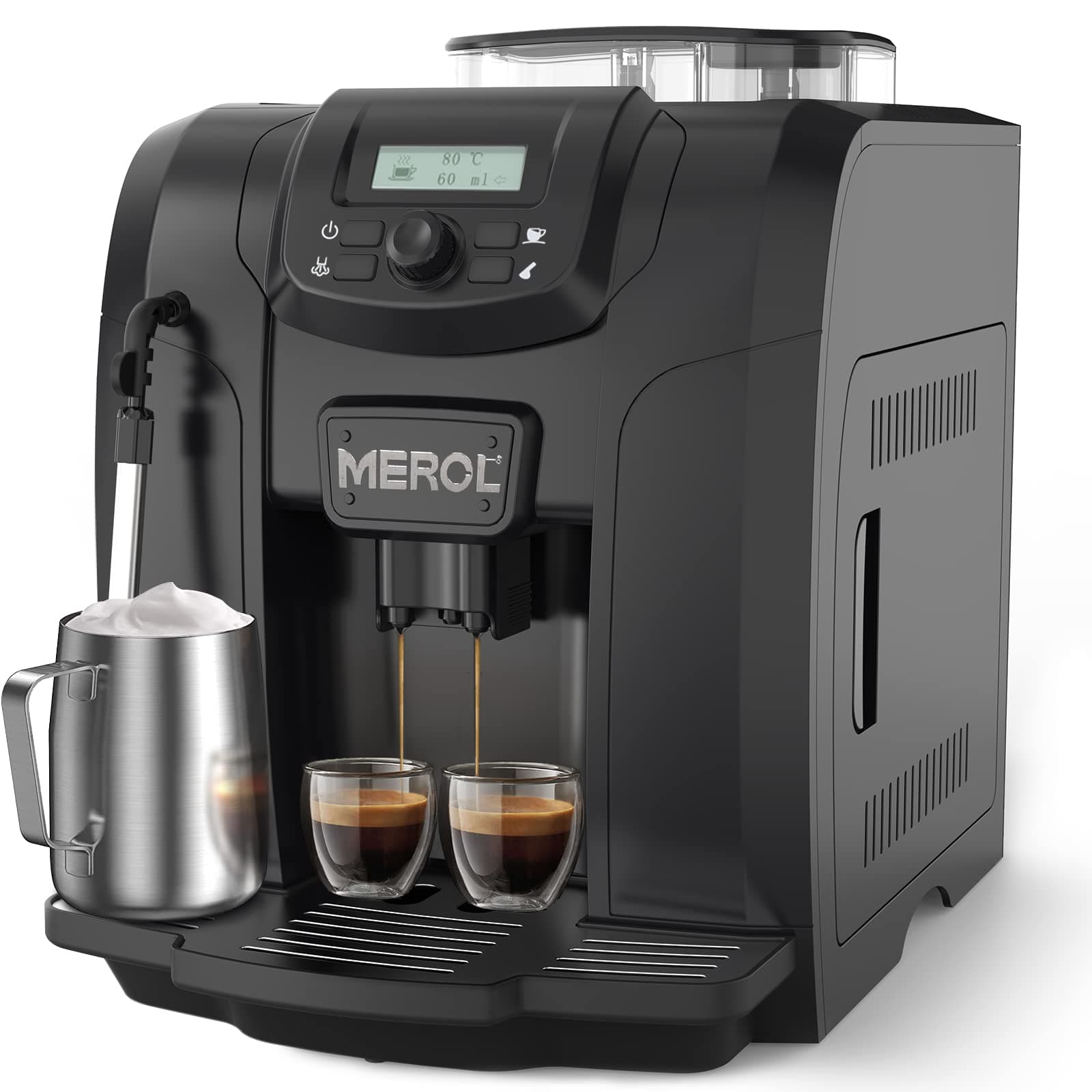 MEROL Fully Automatic Espresso Coffee Machine, 19 Bar Cafe Maker Built-in Adjustable Grinder and Manual Milk Frother Steam Wand, for Cappuccino Latte Macchiato, for Coffee Lover, ME-715, Black