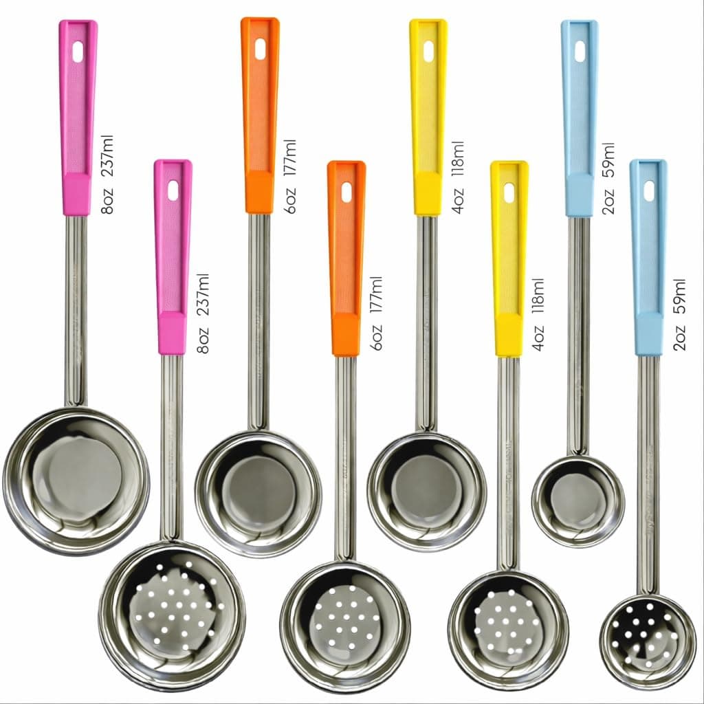 Portion Control Serving Spoons - (8 Piece Set) Restaurant Measuring Serving Ladle Utensils for Weight Loss, Bariatric Gastric Sleeve, Includes 2, 4, 6, 8 oz Solid & Perforated Scoops, 14-1/4" Long