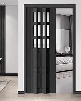 Concertina Door PVC & Acrylic Internal Foldable Gate - Custom Size, Accordion Door for Cupboard/Kitchen, Hallway Pantry Doorway Sliding Door with Handle(Black,34x80in(86x203cm))