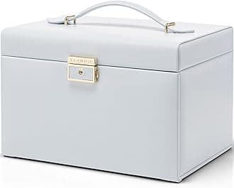 Vlando Velvet Jewelry Organizer Box for Women, Large Leather Jewelry Storage Box with Locked, Mirrored, 3 Drawer for Watch Necklace Ring Earring Storage, Gift for Girl Women and Mom - Light Blue