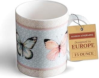 Maison d' Hermine Coffee Mug with Handles Fine Bone China Mugs Pack of One Tea Cups for Hot Beverages Cappuccino Latte Home Office Perfect for Gift (Blossoms In Spring - Butterfly, 15 Ounce)