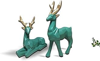 Indulge Homes® Green Matte Poly Resin 'Lucky Deer Family' Showpiece Deer Statue Figurine for Home Decor Living Room Office Home 6 Inches - Set of 2
