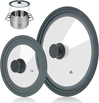 2 Pack Universal Lid for Pots Pans, Anti-scalding Pot Lid, Pan Cover Fit 7", 8", 9" & 10", 11", 12" Diameter Cookware, Replacement Pans Lid with Tempered Glass and Heat Resistant Silicone Rim (Grey)