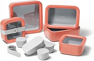 Glass Food Storage Set, 14 Pieces,Ceramic Coated Food Containers,Easy to Store, Non Toxic Lunch Box Containers with Glass Lids,Includes Storage Organizer & Dot & Dash Inserts,Perracotta