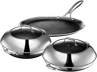 Hybrid Nonstick 5-Piece Cookware Set, 14" Pan with Lid, 14" Wok with Lid, and 12" Griddle, Stay-Cool Handles, Dishwasher and Oven-Safe, Induction Ready, Compatible with All Cooktops