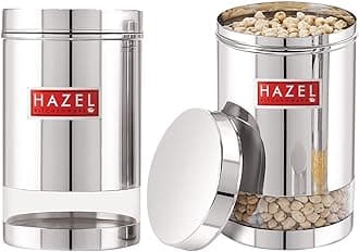 HAZELHAZEL Stainless Steel Transparent Glossy Finish See Through Container, Silver, Set of 2, 1700 Ml