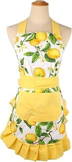 G2PLUS Thick Lemon Cotton Apron, Kitchen Apron for Women, Adjustable Cooking Apron with Pocket for Baking, Garden, Christmas