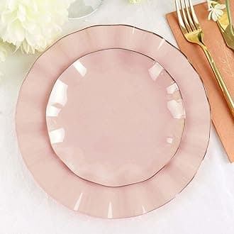 Efavormart 10 Pack | Blush/Rose Gold 6" Round Plastic Dessert Salad Plates, Disposable Appetizer Plates with Gold Wavy Rim for Wedding, Outdoor Receptions, Banquets, Holiday Dining