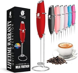 Bean Envy Milk Frother for Coffee - Handheld, Mini Electric Drink Mixer, Foamer & Frother with Stand for Coffee, Lattes, Hot Chocolates and Shakes - Red