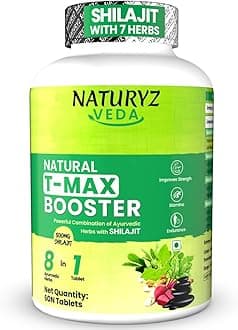 Naturyz VEDA Natural T-MAX Booster with 8 Ayurvedic Herbs | Highest Strength Shilajit | Safed Musli | Kaunch | Ashwagandha | Gokshura | Ginseng | High absorption | Original Shilajeet Improves Strength, Stamina, Endurance, Energy & Muscle Mass for Men & Women - 60 Tablets