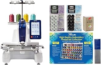 Persona PRS100 Single Needle Embroidery Machine, 6-Piece Thread Set, 20 Bobbins, 100-Piece 75/11 Embroidery Needles, Stabilizer Roll