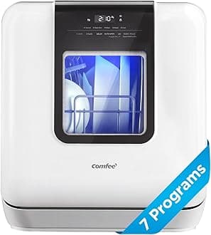 COMFEE' Countertop Dishwasher, Portable Dishwasher with 6L Built-in Water Tank, Mini Dishwasher with More Space Inside, 7 Programs, UV Hygiene& Auto Door Open, for Apartments, Dorms& RVs, White