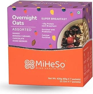 MiHeSo Overnight Oats 420g Assorted | Healthy Rolled Oats & Oatmeal Breakfast | 15g High Protein | High Fibre Calcium | Gluten Free Oats | No Added Refined Sugar | For Weight Loss Women & Men