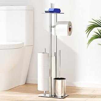 Toilet Roll Holder with Toilet Brush - Toilet Roll Holder Free Standing with Shelf for Wet Wipes, Toilet Roll and Brush Holder Free Standing, Silver Toilet Brush with Holder