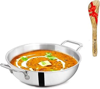The Indus Valley Triply Stainless Steel Kadai/Kadhai with Free Wooden Spatula | Very Small, 20.3cm/8 inch, 1.7Ltr, 1kg | Induction friendly | Nonstick 3-Layer Body,100% Toxin-free, No Chemical Coating