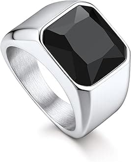 Bandmax Gemstone Signet Rings for Men, Stainless Steel Fancy Cut Cubic Zirconia Rings Blue Topaz/Emerald/Black Onyx/Ruby Ring Statement Ring Wedding Ring Size 7-14