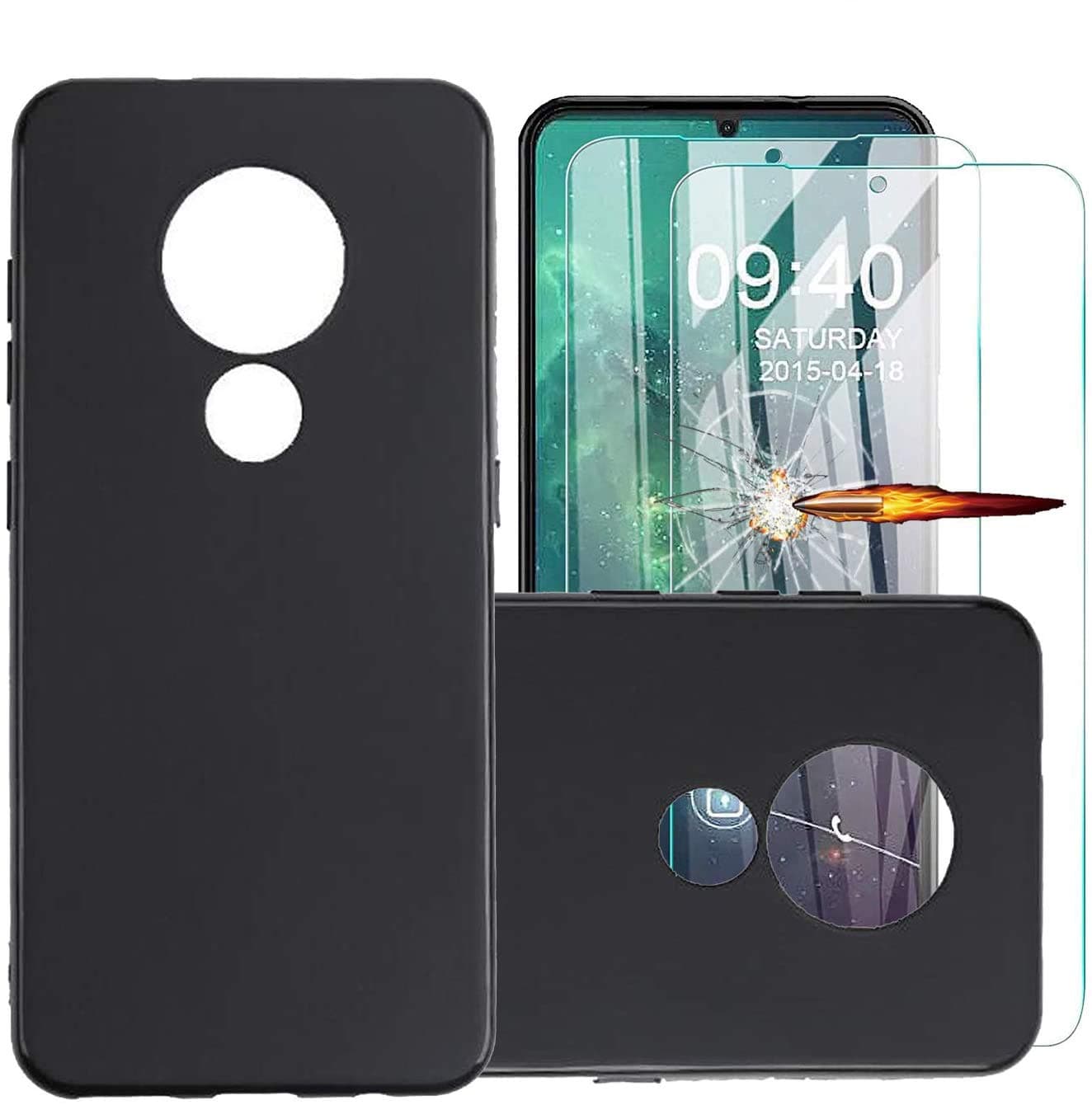 MISIDE Compatible for Nokia 7.2 Case,with Nokia 7.2 screen protector.[3 in 1] [Scratch Resistant] Slim Fashion Soft TPU Shockproof Case + 9H Tempered Glass screen protector (Black)