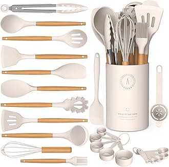 Silicone Cooking Utensils Set - AVGPD Silicone Kitchen Utensils for Cooking Wooden Handles, 446°F Heat Resistant Kitchen Utensil Spatula Sets w Holder, Gadgets for Non-Stick Cookware BPA FREE (Khaki)