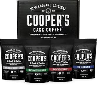 Bourbon & Whiskey Barrel Aged Coffee Box Set with Four Whole Bean Single Origin Coffees (Colombia, Sumatra, Ethiopia, Rwanda) Premium Small-Batch Gourmet Roasted Coffee Gift (Pack or 4)
