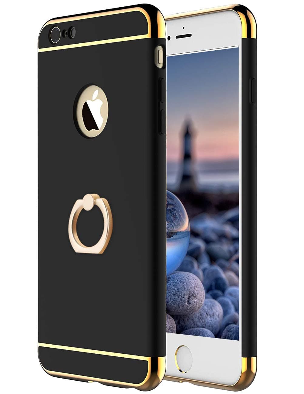 Compatible with iPhone 7 Plus Case Slim Hard Matte Case with Kickstand Ring Holder 3 in 1 Shockproof Anti-Scratch PC Electroplate Bumper Protective Cover for iPhone 7 Plus Case for Women Men 5.5 Black