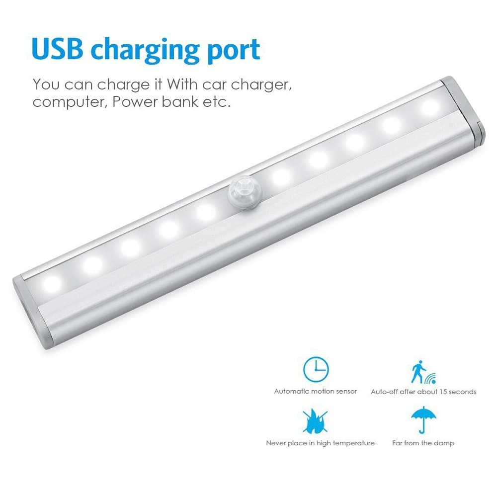 Motion Sensor Light,Sumhen,10 LED USB Rechargeable Wireless,3M Magnetic Stick-on Anywhere Battery Powered，Auto On/Off Stick-On for Wall Closet Cabinet,Wardrobe, Stairs, washroom (2pack, Pure)