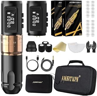 Tattoo Kit - Ambition Mars-U Wireless Tattoo Machine Kit with Adjustable Stroke 1800mAh Power Tattoo Gun Kit with 40pcs Tattoo Cartridges Needles Gloves Bandage Practice Skin for Tattoo Artists