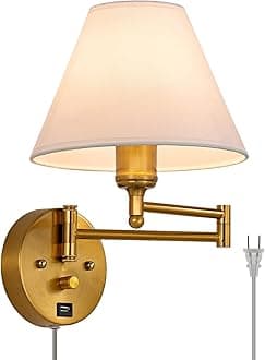 Swing Arm Wall Sconces, Plug-in Wall lamp,Bedroom Wall lamp ， White Fabric Shade，，with dimmable Switch and USB Charging Port, Suitable for Bedside, Living Room, Reading (Golden)