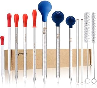 8PCS Thick Glass Graduated Dropper Pipettes Fluid and Liquid Pipettors 0.5ml, 1ml,2ml,3ml,5ml, 10ml,10CM,20CM with Caps and 2PCS Washing Brushes and 2PCS 20cm Glass Stir Rod(20cm-7.8inch)