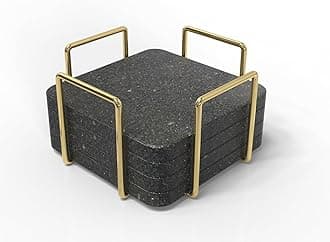 Round White Marble Coasters Set of 4 with Stand - Bar Wine Coasters for Table - Set of 4 Vintage Handmade Marble Stone Coaster Set with Holder (Round Shape) (Black (Granite))