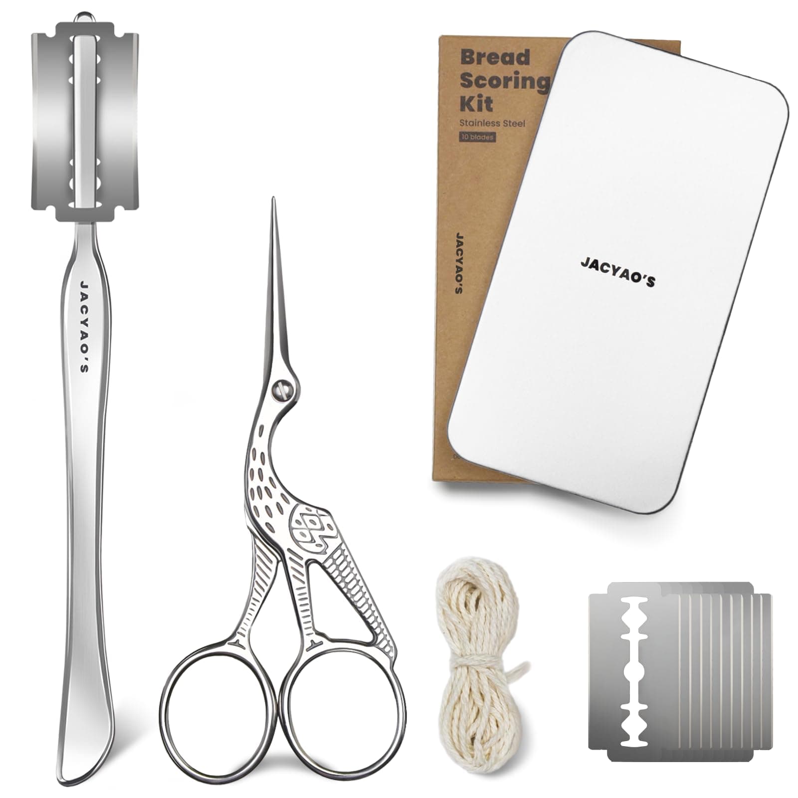 Bread Scoring Tool Kit, Bread Lame and Dough Scissors Made From Food Grade Stainless Steel, Sourdough Scoring Tool Kit with 100 Inches Cotton Twine, 10 Razor Blades and Metal Storage Box