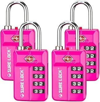 SURE LOCK TSA-Approved 4-Digit Resettable Combination Lock with Open Alert, Easy-Read Dials - for Luggage, School Lockers, Gym, Office, Toolbox & Security Cases (Pink 4 Pack)