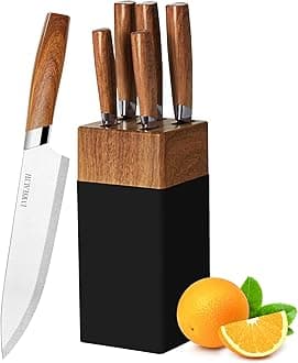 Knife Set - 5 Piece Kitchen Knife Set with Block, Wood Grain Handle, Stainless Steel Kitchen Knives with Chef, Bread, Slicer, Utility, Paring Knife for Cutting Meat/Vegetables/Fruit.