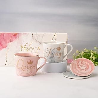 NYRWANA Coffee Mug, Wedding Present for Couples, Marriage Presents for Wedding, Couple Present, Holi Gifts, King & Queen Set of 2 Coffee Mugs, Lids and Beautiful Gift Box (360ml - Ceramic)