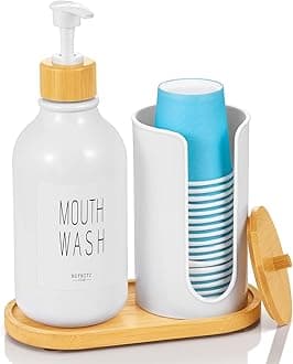 VITVITI Mouthwash Dispenser for Bathroom, Mouth Wash Pump Bottle with Paper Cup Holder, 17Oz Refillable White Mouthwash Container with Bamboo Lid/Tray/Label, BJ003