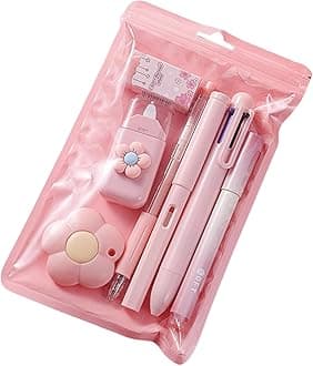 7 Pcs Cute Pink Stationery Set Kawaii School Supplies Office Supplies Including Ballpoint Pens Pencil Sharpener Highlighter Correction Tape Ruler Utility Knife (Pink)