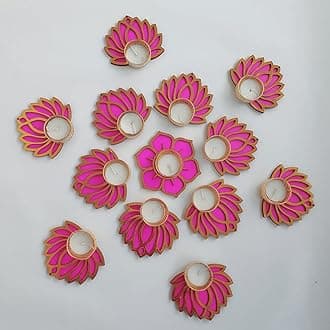 Handmade 13 Pc Pink Lotus Flower Diya Rangoli Candles with Wax for Diwali Ganesh Chaturthi Laxmi Pooja Home Temple Rangoli Diya Floor Decoration