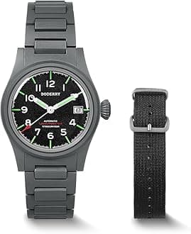 BODERRY Men's Watch Titanium Automatic Field Watch 38mm Military Watch Day Date Function 100M Waterproof with Nylon Strap Japanese NH35 Mechanical Movement & Screw Down Crown—LANDMASTER