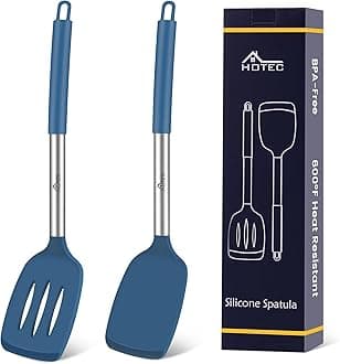HOTEC Silicone Spatula Set of 2 Heat-Resistant 600°F & BPA-Free Kitchen SaptulaTurner with Stainless Steel Handles, Slotted & Solid Spatulas for Nonstick Cookware, 13.7 Inch, Classic Blue