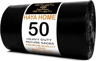 Haya Home 50 Black Plastic Bin Bags Heavy Duty Bin Liners, Refuse Sacks Pack of 50 X 1 Heavy Duty Waste Dustbin Bags roll 90L for Kitchen Home Office DIY Garden Made from 100% Recycled Material