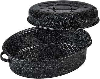 Granite Ware 19 inch oval roaster with Lid, Oval Rack included (Speckled Black) - design to accommodate up to 20 lb poultry/roast. Resists up to 932°F